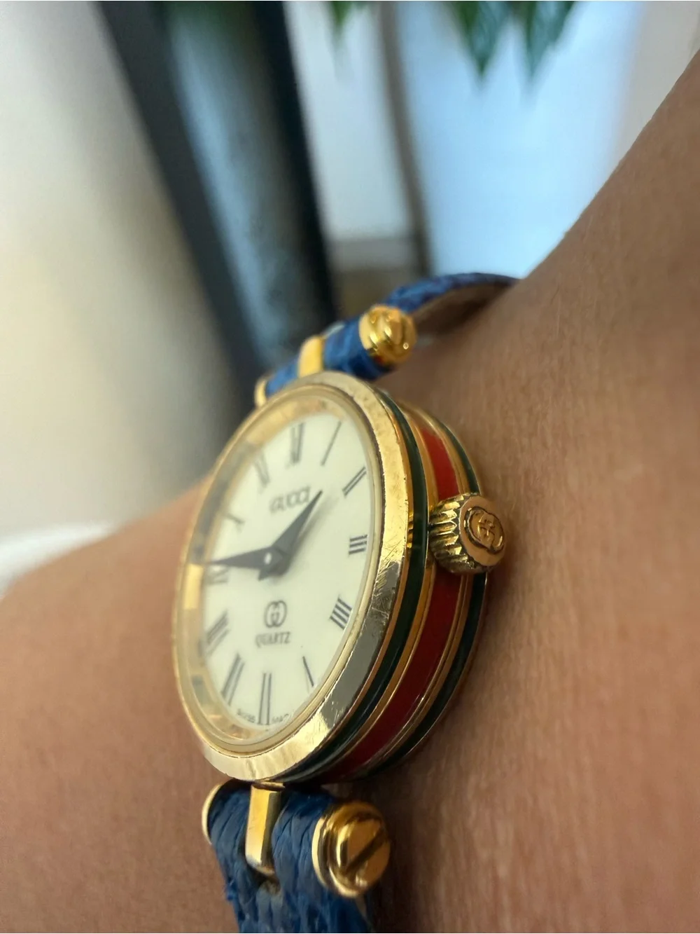 Gucci Blue Lizard Leather Watch with sherry line gold face 10mm